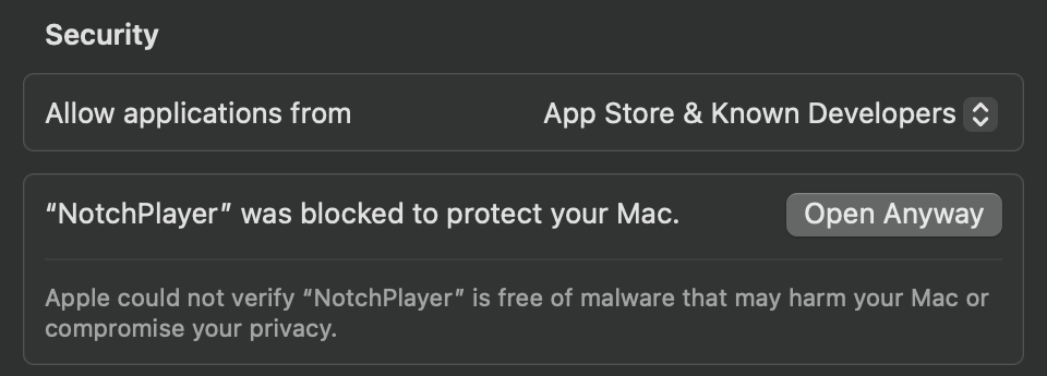 Privacy & Security: NotchPlayer was blocked to protect your Mac, with an Open Anyway button