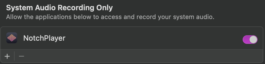 System Settings, System Audio Recording Only, with NotchPlayer switched on